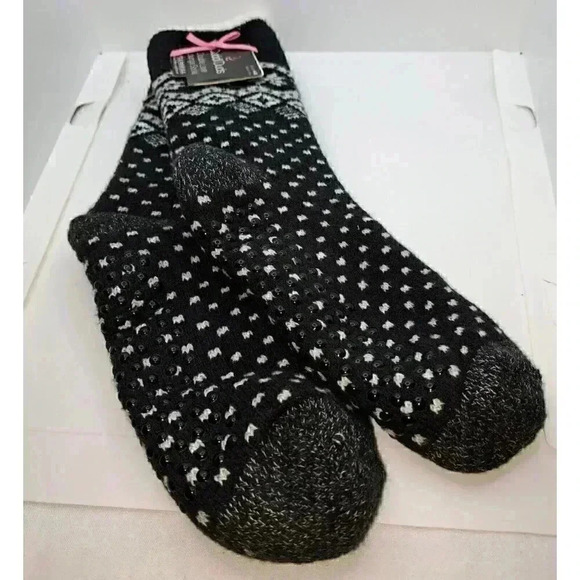 Cuddl Duds Women's Double Layer Plush Lounge Slipper Non Slip Socks Black White - Picture 3 of 7